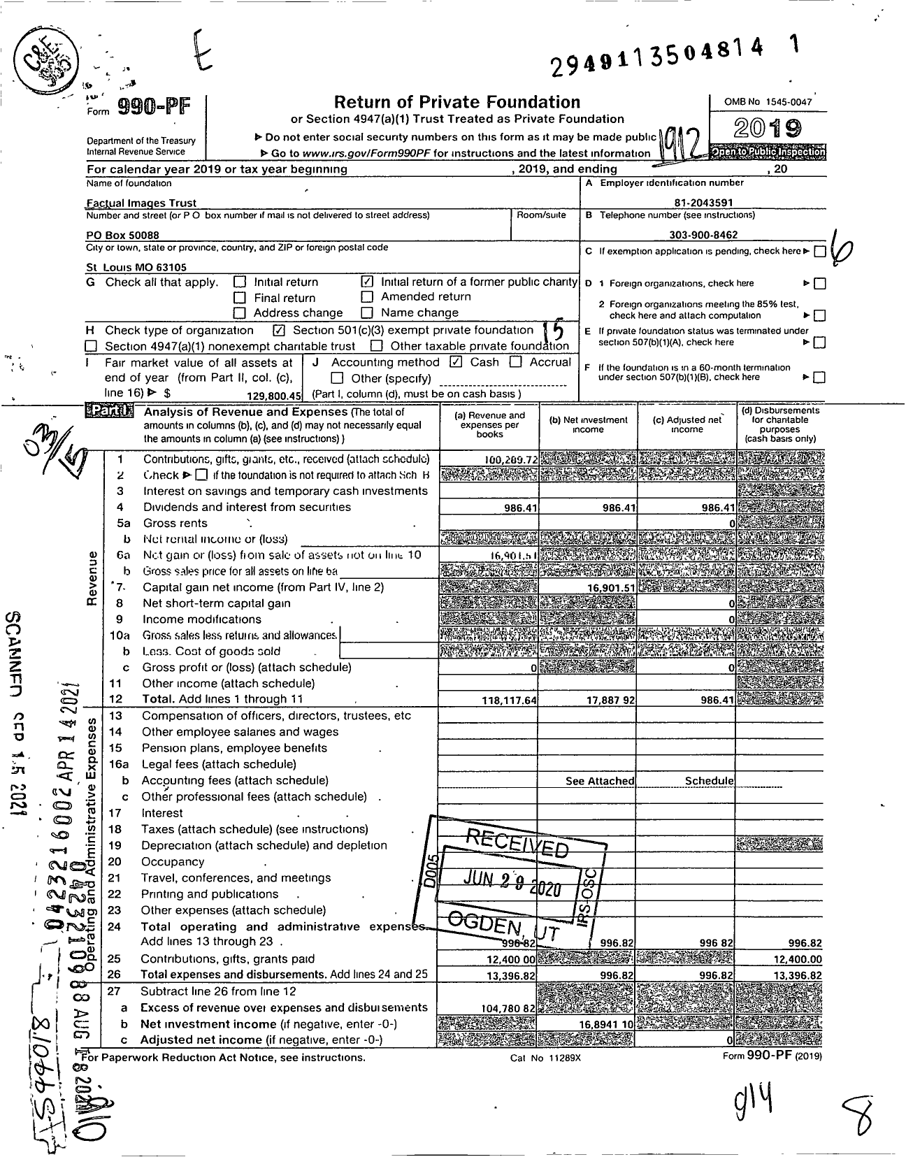 Image of first page of 2019 Form 990PF for Factual Images Trust