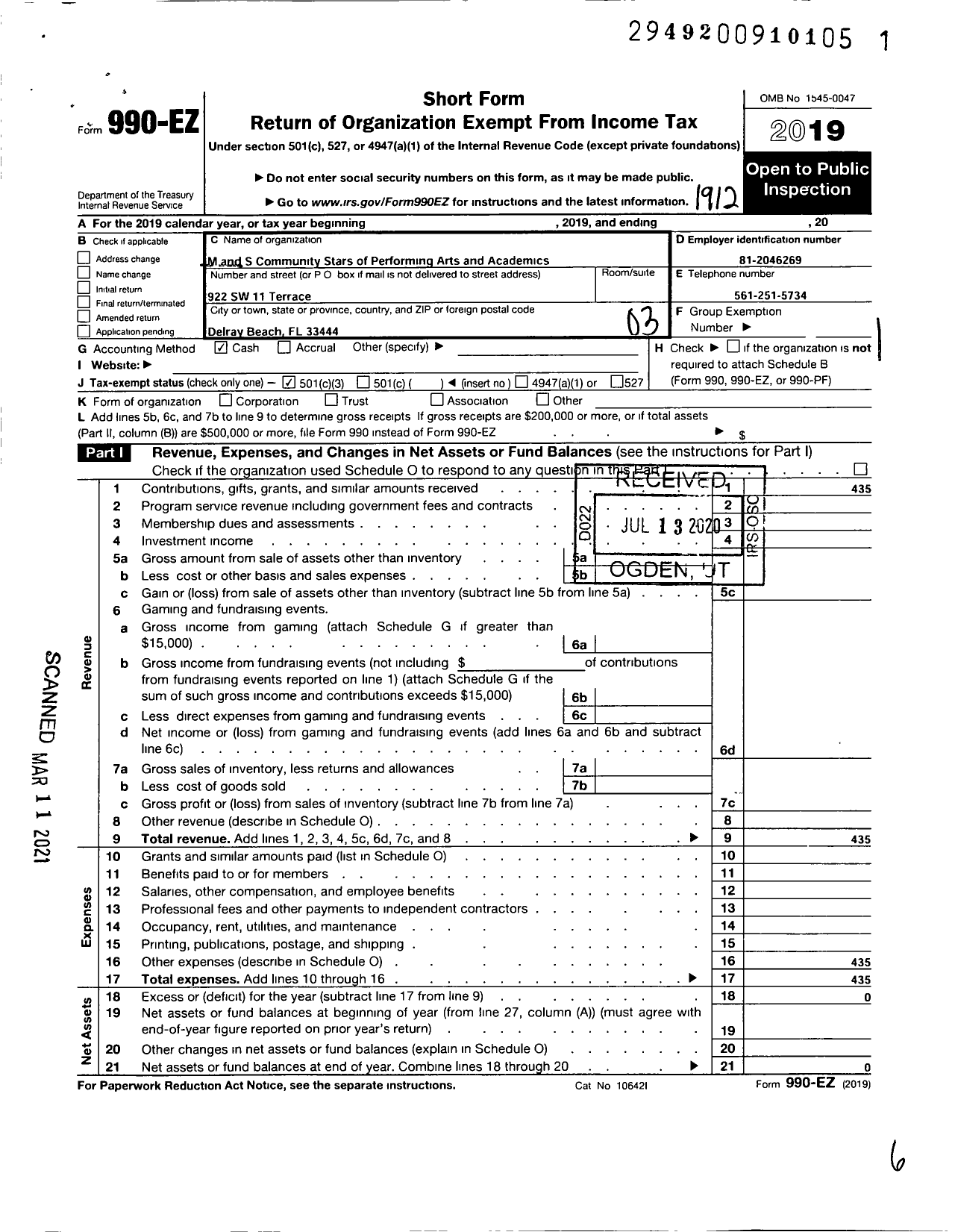 Image of first page of 2019 Form 990EZ for M S Community Stars of performing Arts and academic