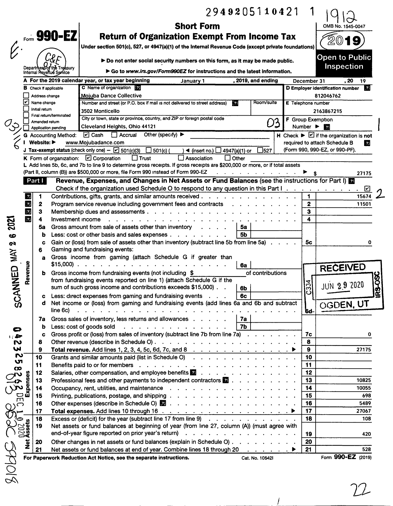 Image of first page of 2019 Form 990EZ for Mojuba Dance Collective