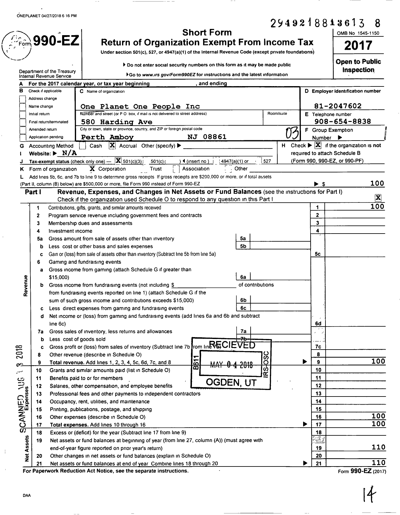 Image of first page of 2017 Form 990EZ for One Planet One People