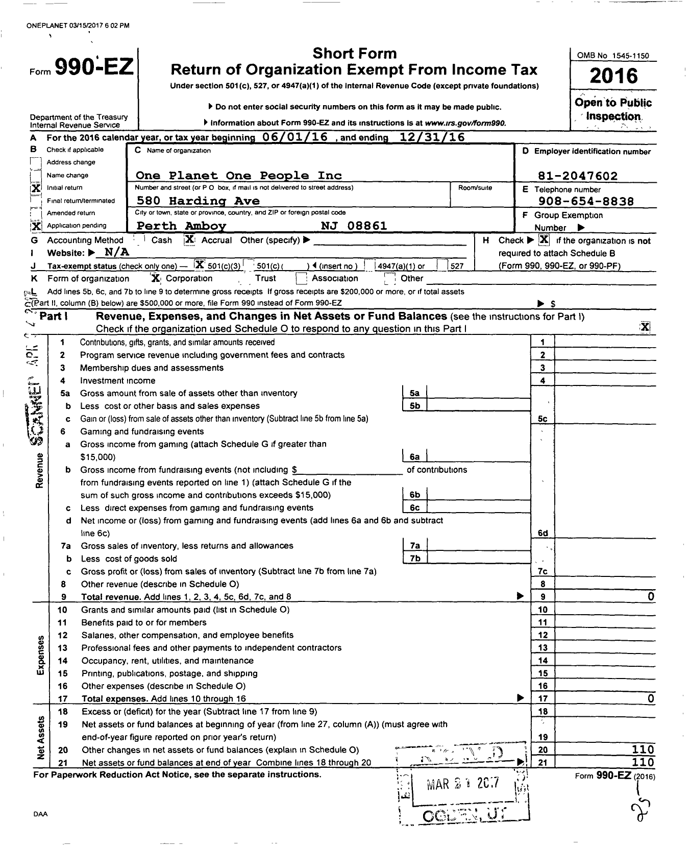 Image of first page of 2016 Form 990EZ for One Planet One People