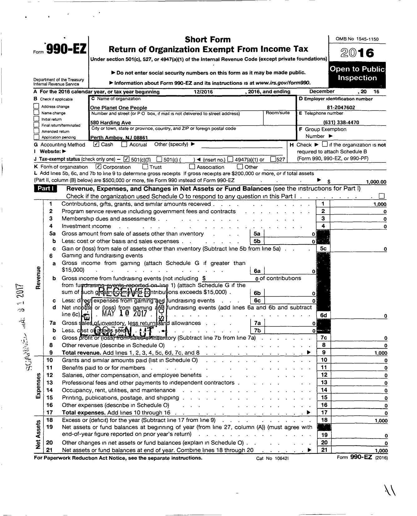 Image of first page of 2016 Form 990EZ for One Planet One People