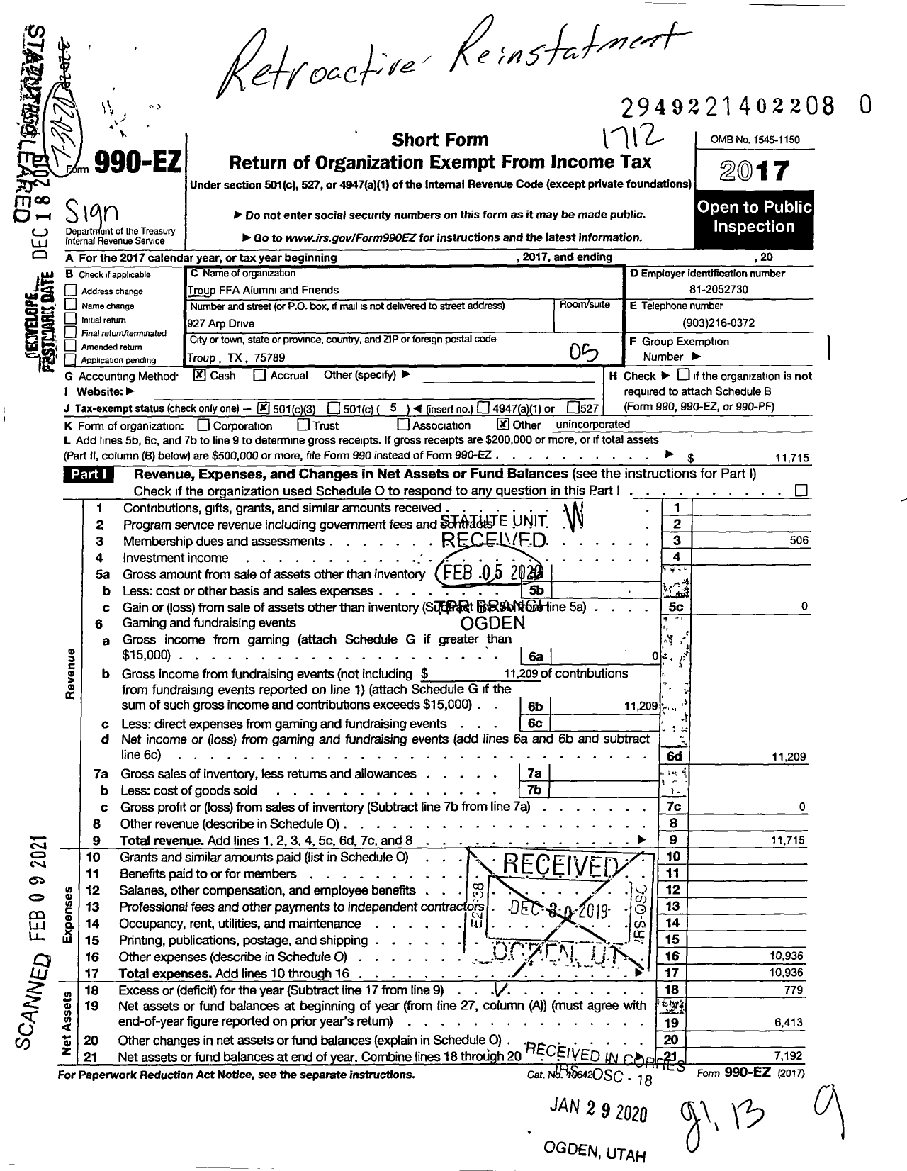 Image of first page of 2017 Form 990EO for Troup FFA Alumni and Friends
