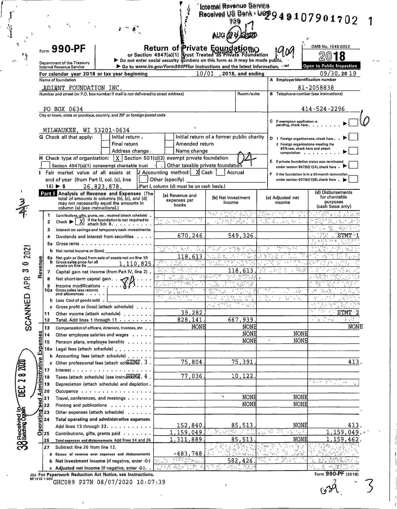 Image of first page of 2018 Form 990PF for Adient Foundation