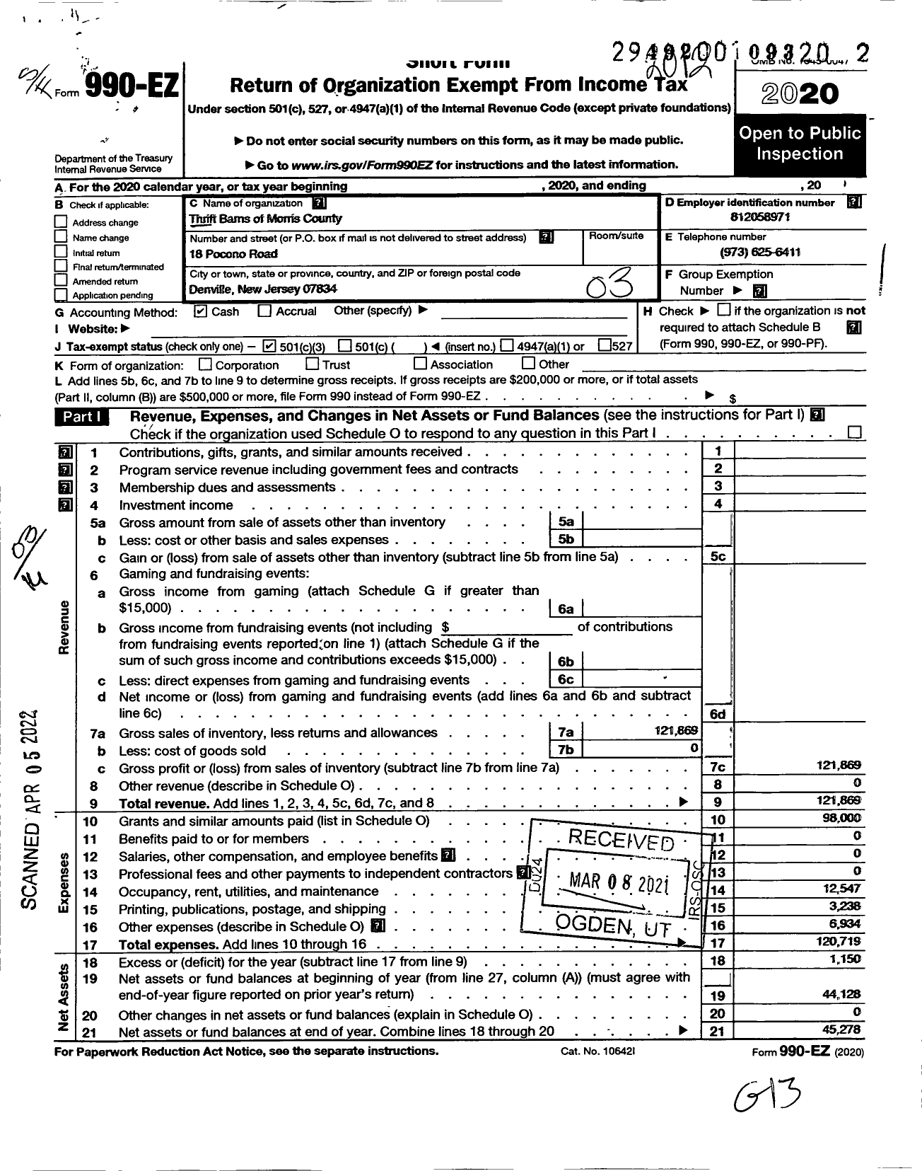 Image of first page of 2020 Form 990EZ for Thrift Barns of Morris County