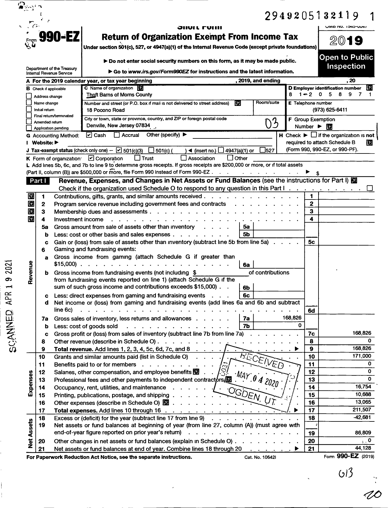 Image of first page of 2019 Form 990EZ for Thrift Barns of Morris County