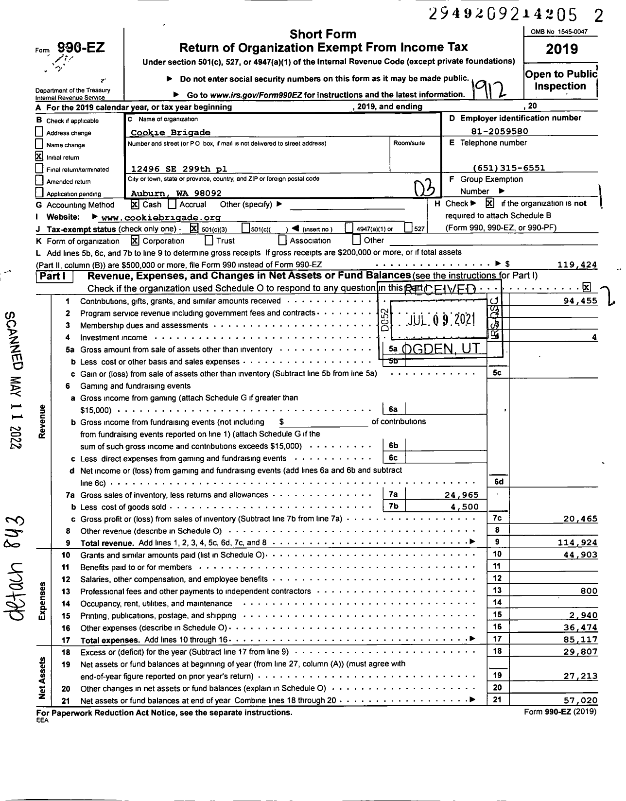 Image of first page of 2019 Form 990EZ for Cookie Brigade