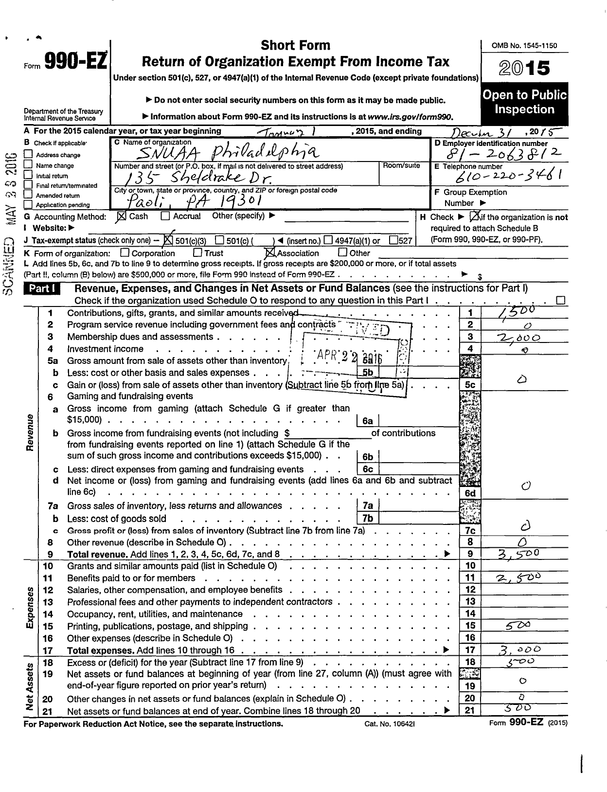 Image of first page of 2015 Form 990EZ for Seoul National University Alumni Association in USA / Philadelphia Chapter