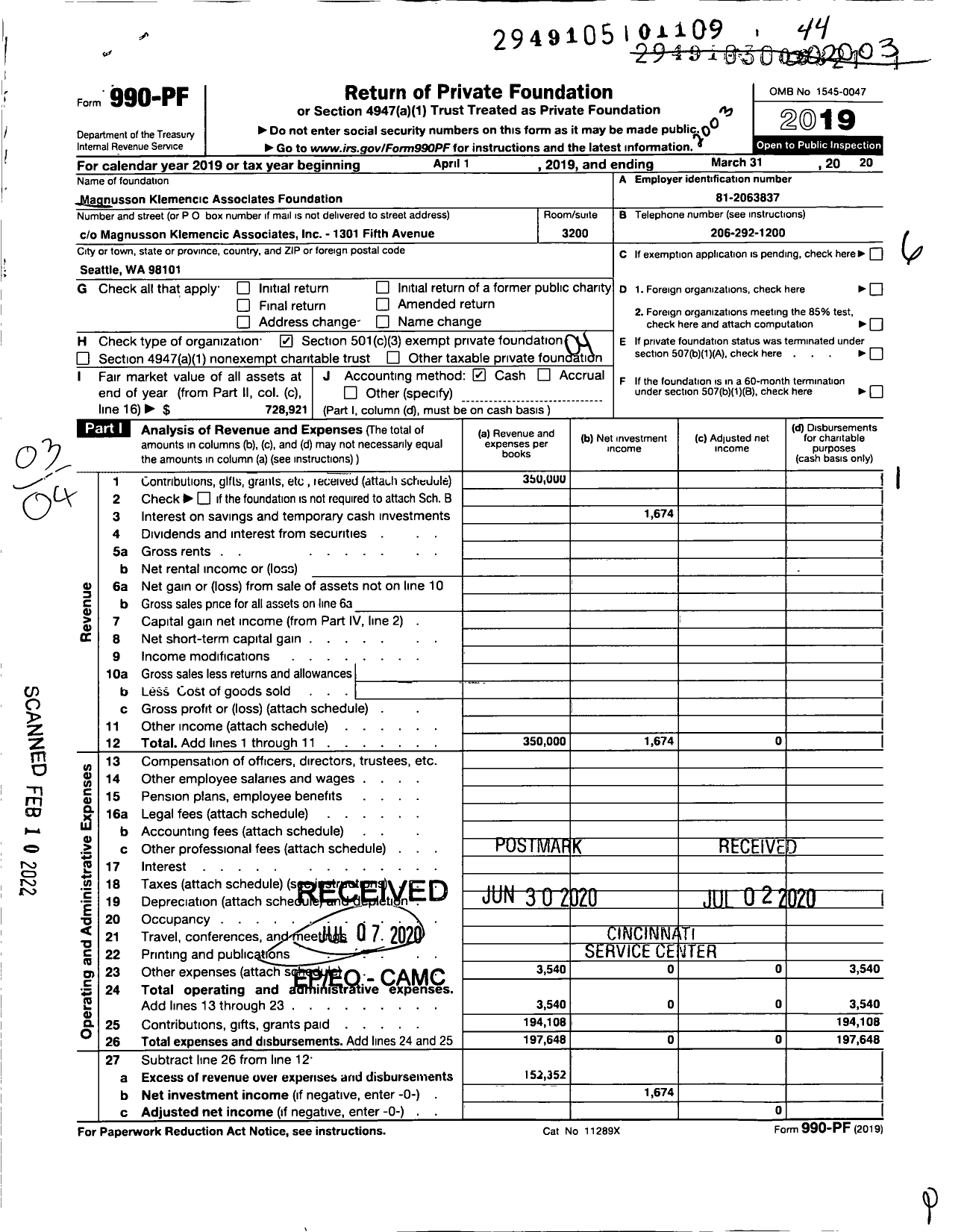 Image of first page of 2019 Form 990PF for Magnusson Klemencic Associates Foundation