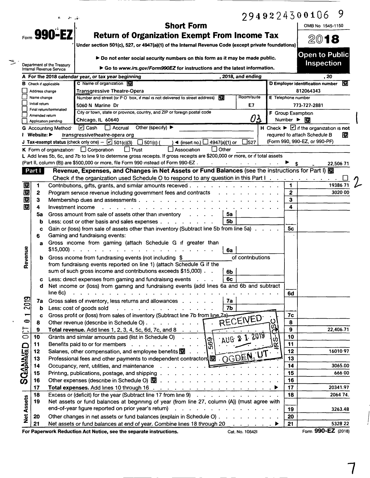 Image of first page of 2018 Form 990EZ for Transgressive Theatre-Opera