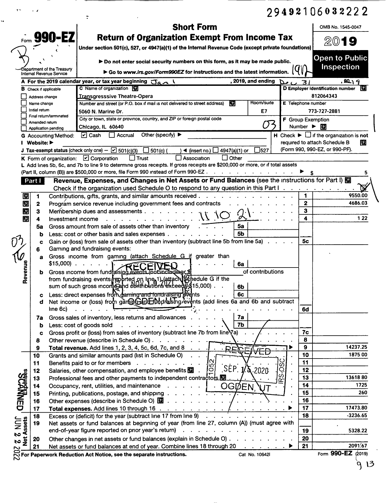 Image of first page of 2019 Form 990EZ for Transgressive Theatre-Opera