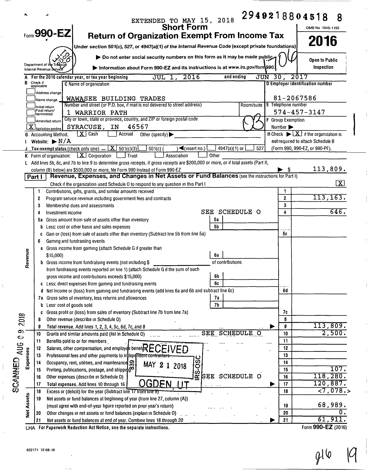 Image of first page of 2016 Form 990EZ for Wawasee Building Trades