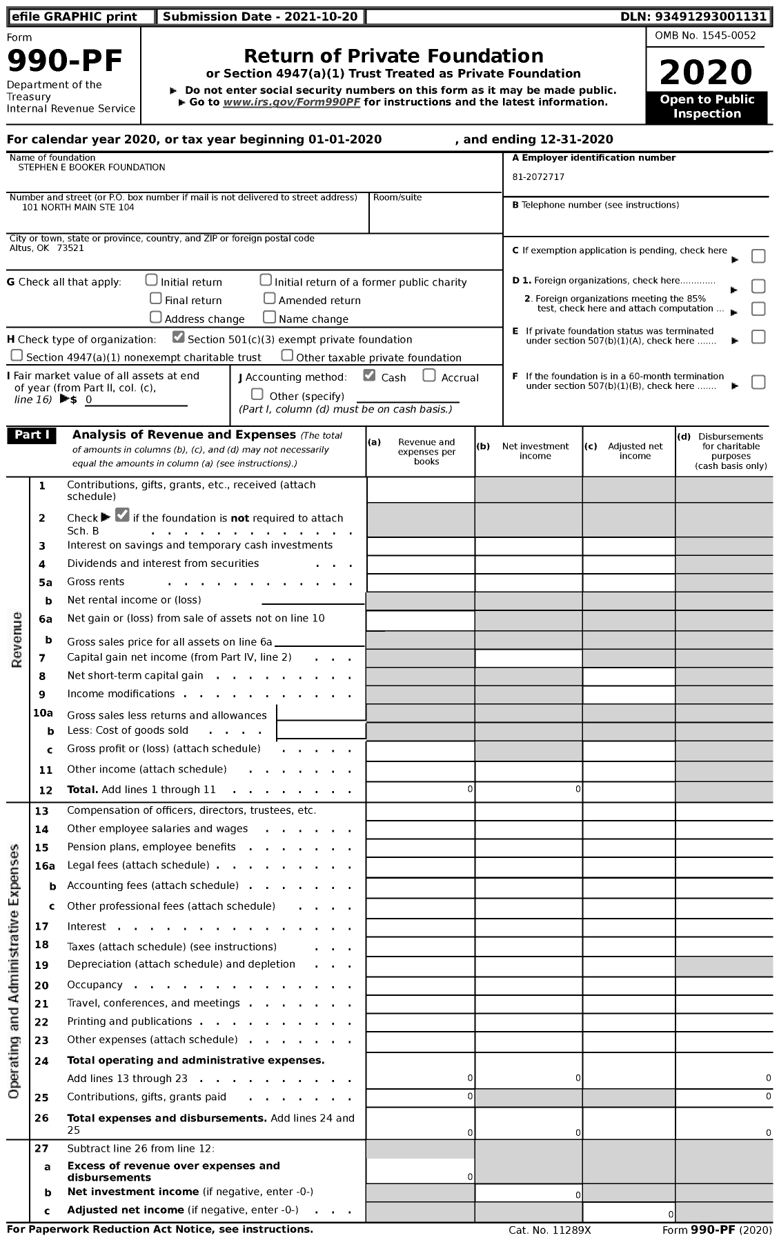 Image of first page of 2020 Form 990PF for Stephen E Booker Foundation