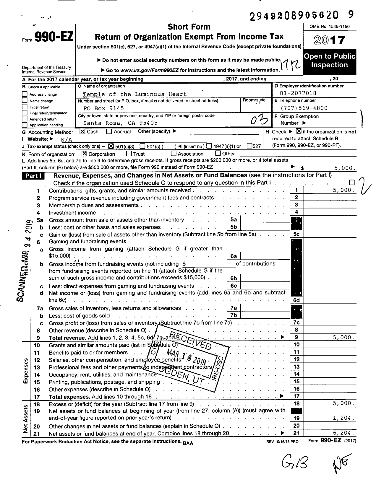 Image of first page of 2017 Form 990EZ for Temple of the Luminous Heart