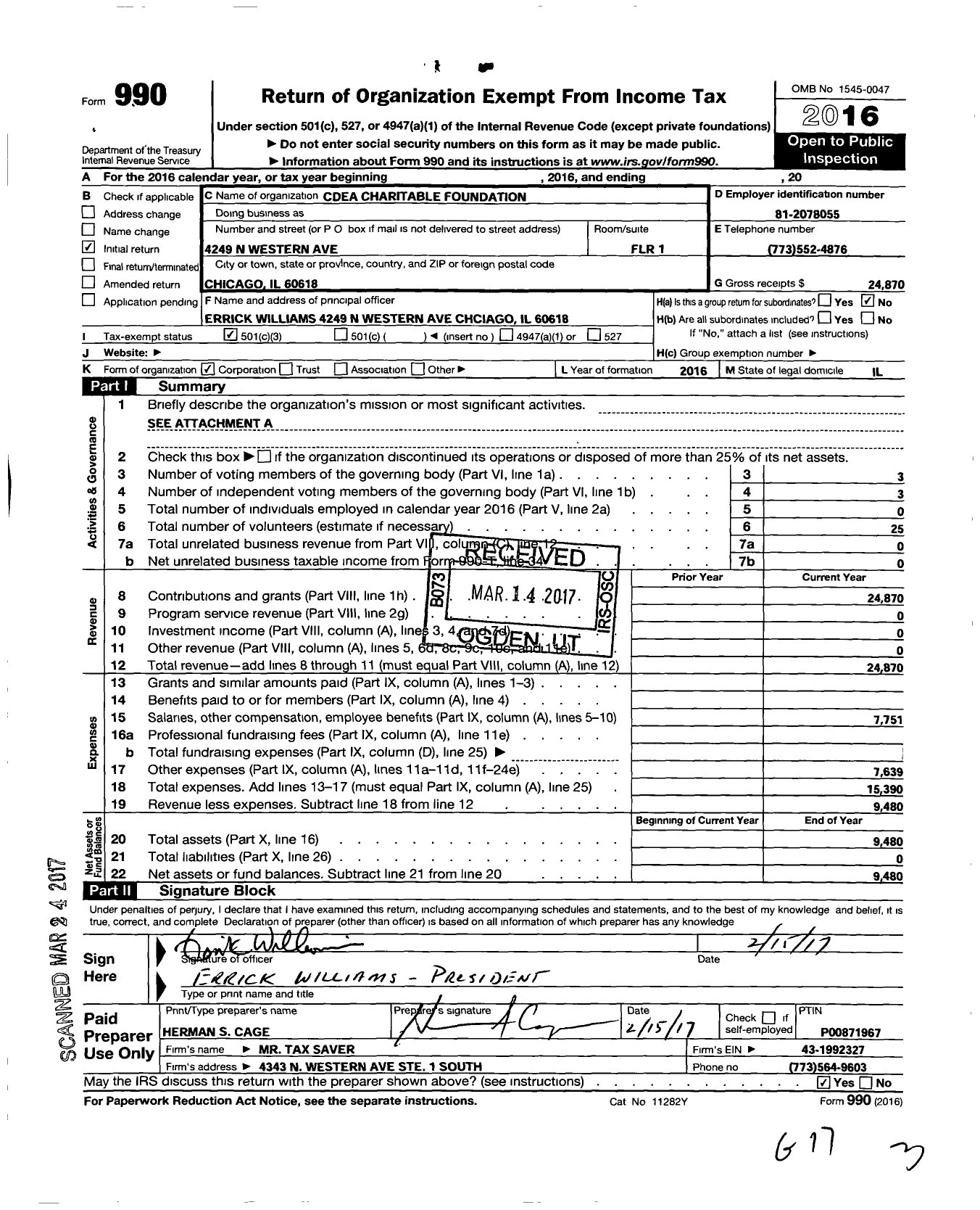 Image of first page of 2016 Form 990 for Cdea Charitable Foundation