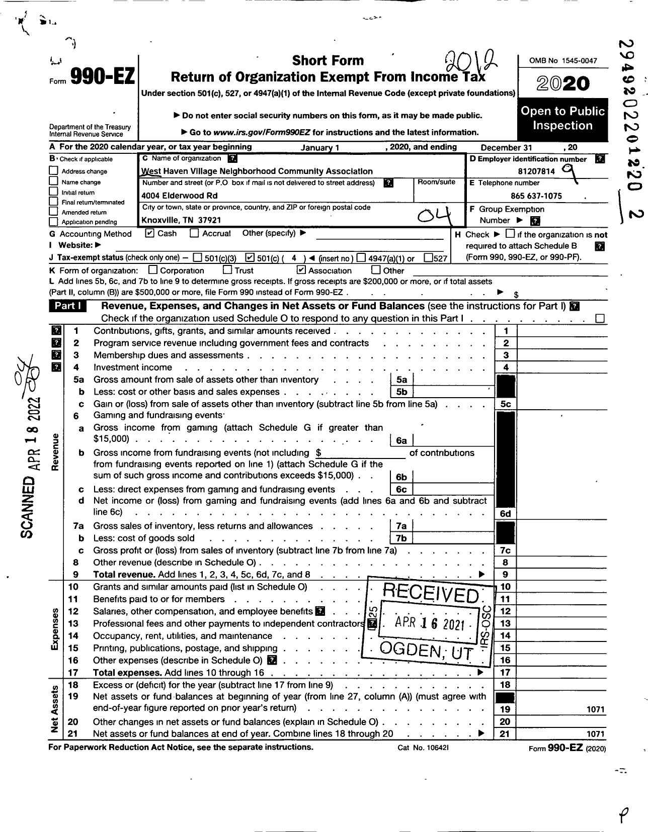 Image of first page of 2020 Form 990EO for West Haven Village Neighborhood Community Association