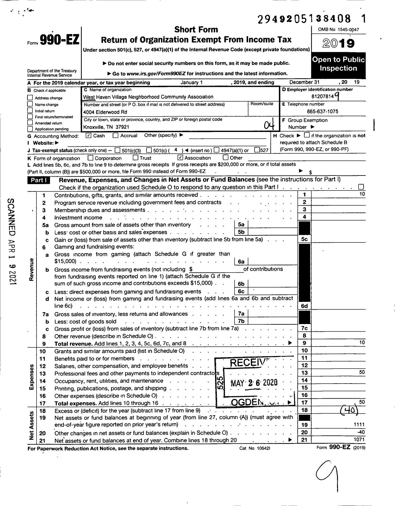 Image of first page of 2019 Form 990EO for West Haven Village Neighborhood Community Association