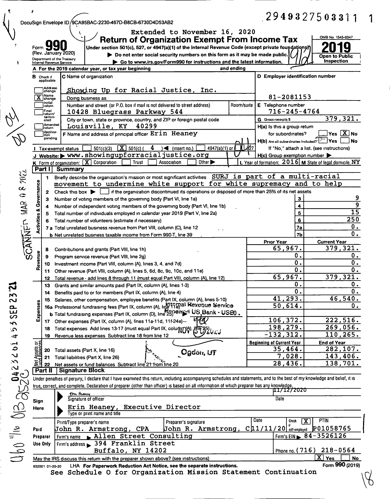 Image of first page of 2019 Form 990O for Showing Up for Racial Justice