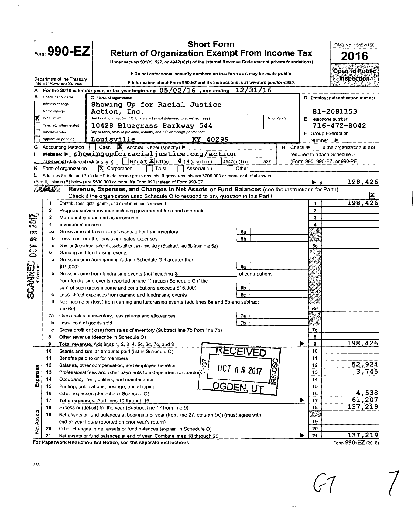 Image of first page of 2016 Form 990EO for Showing Up for Racial Justice