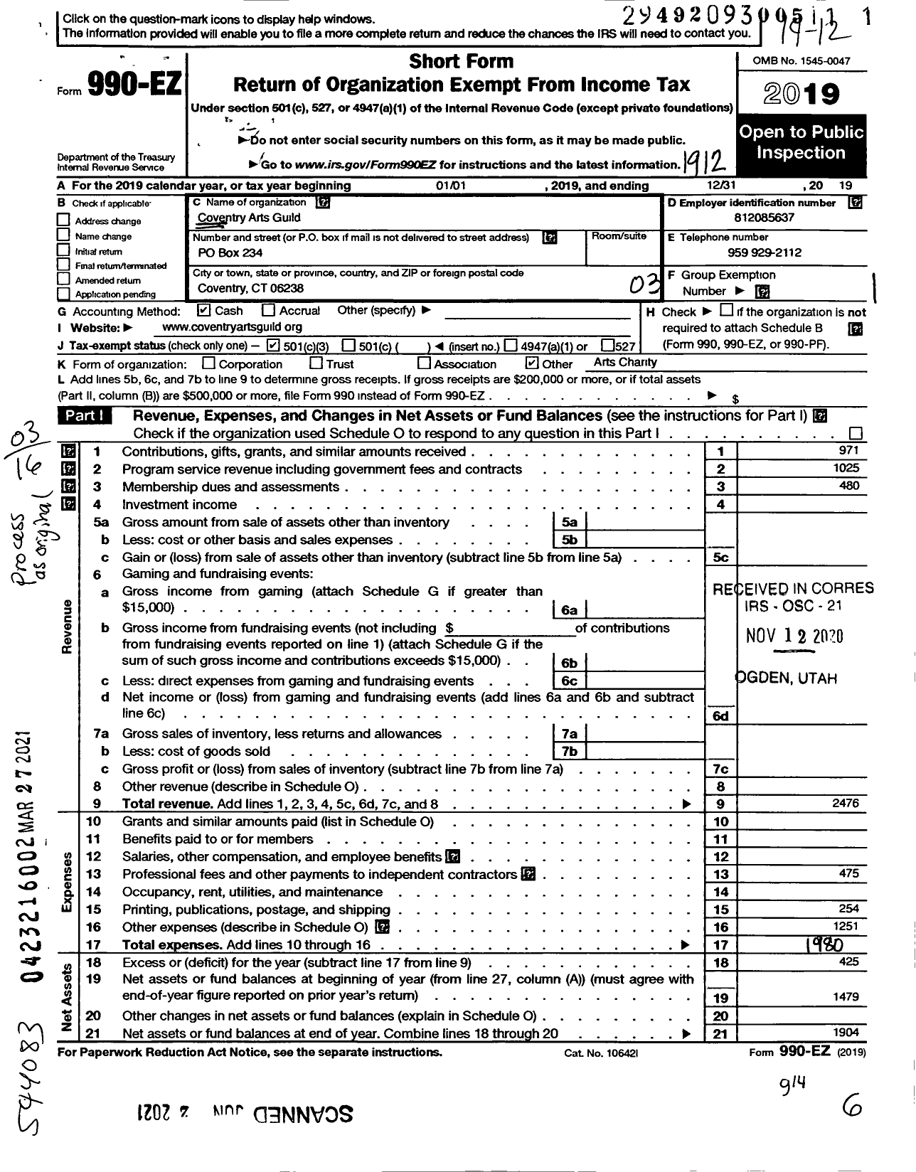 Image of first page of 2019 Form 990EZ for Coventry Arts Guild
