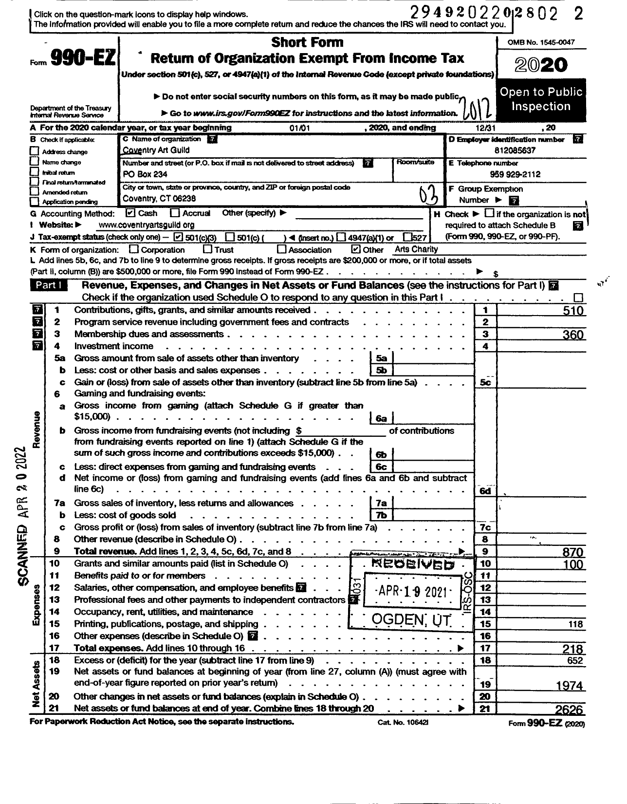 Image of first page of 2020 Form 990EZ for Coventry Arts Guild