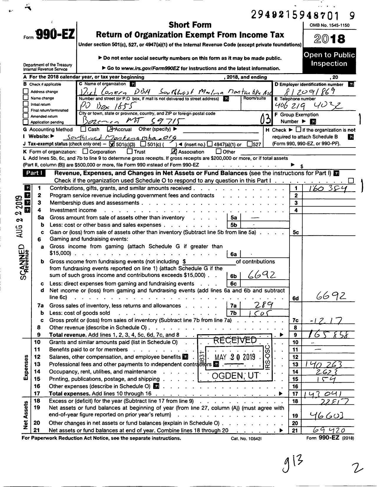 Image of first page of 2018 Form 990EZ for Dirt Concern - Southwest Montana Mountain Bike Association