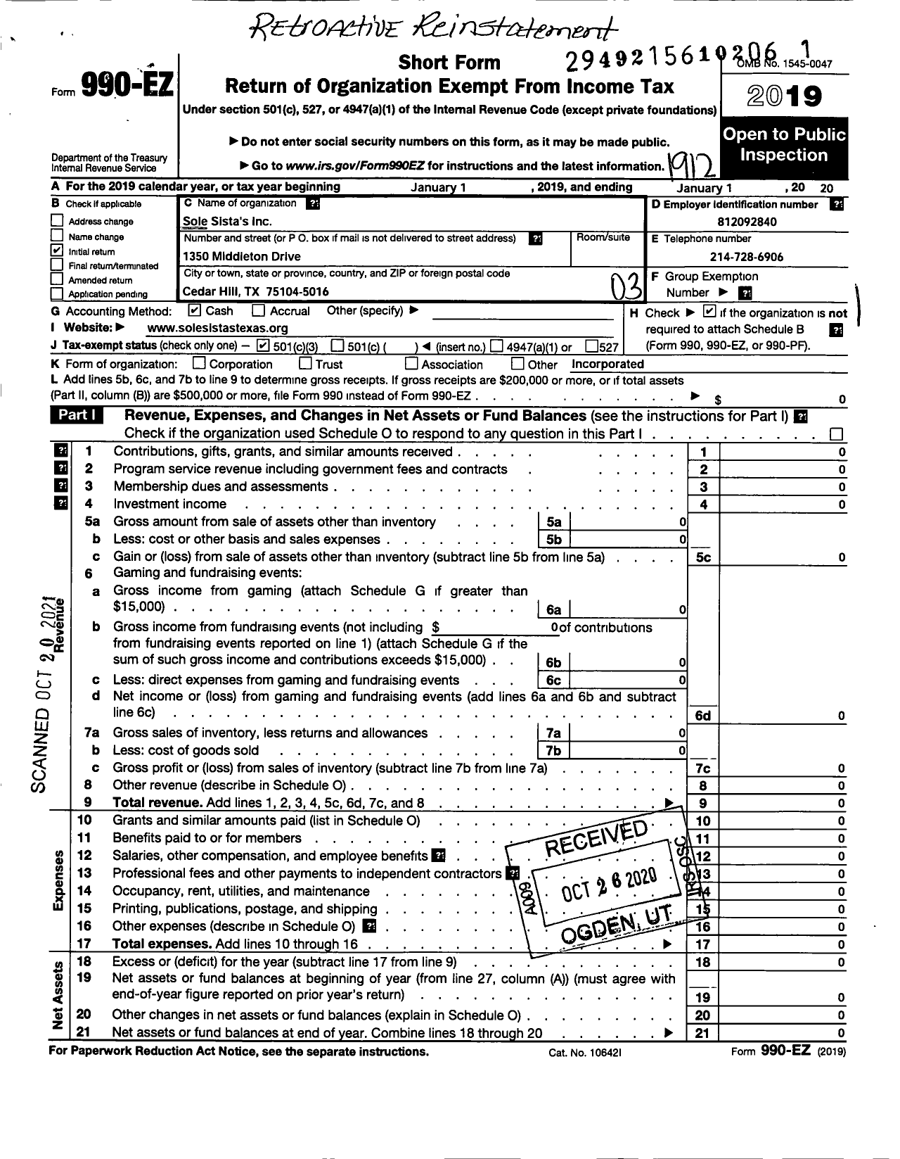 Image of first page of 2019 Form 990EZ for Sole Sistas