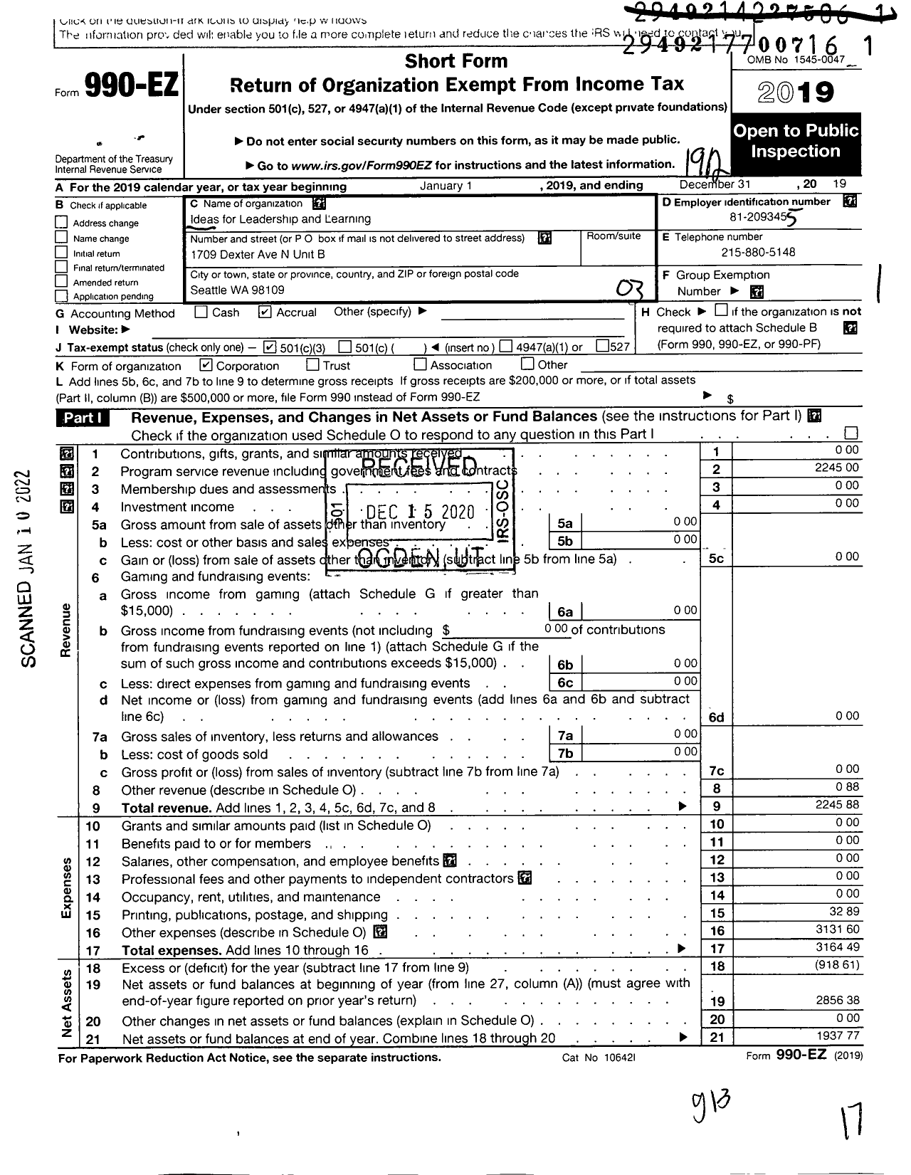 Image of first page of 2019 Form 990EZ for Ideas for Leadership and Learning