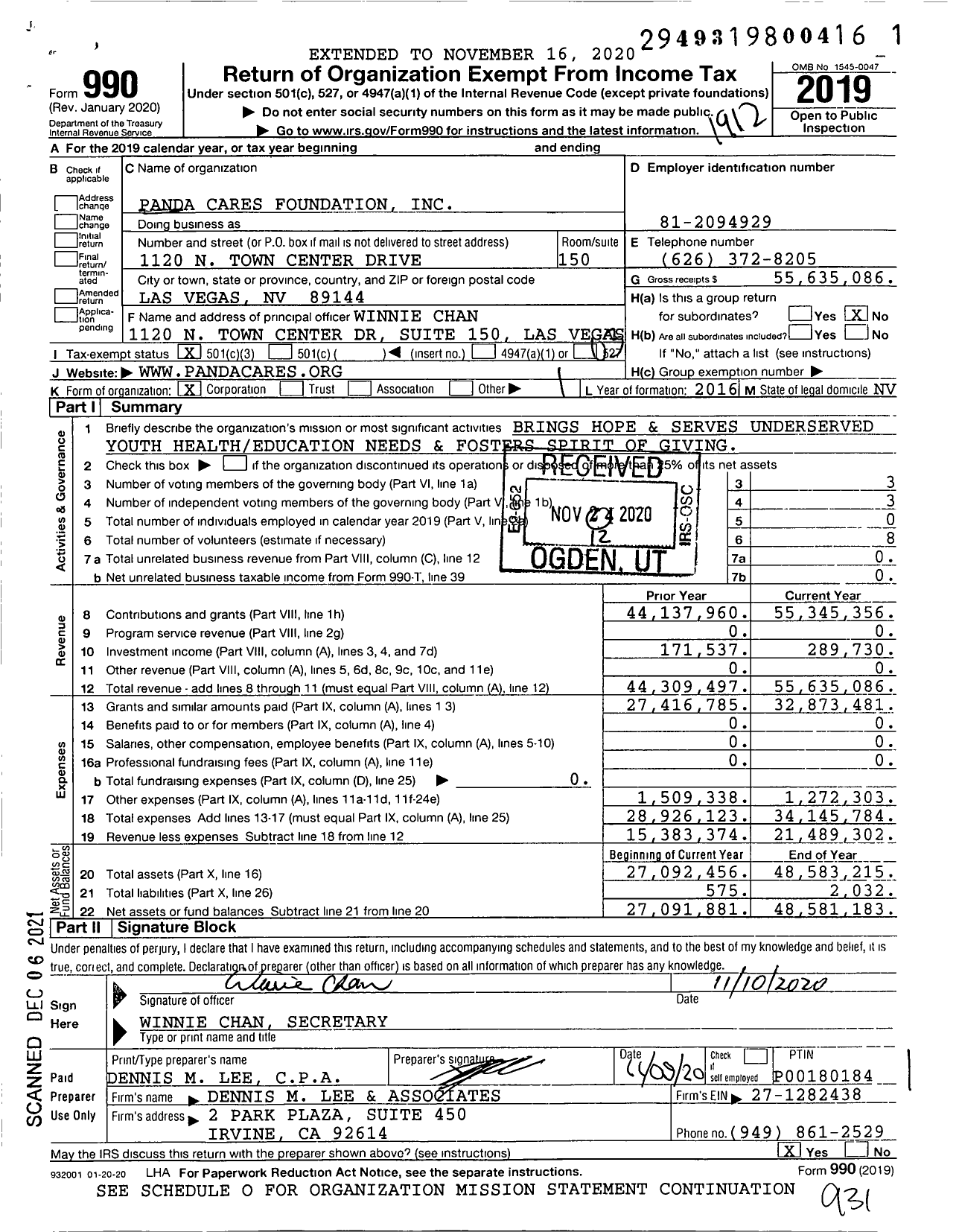 Image of first page of 2019 Form 990 for Panda Cares Foundation