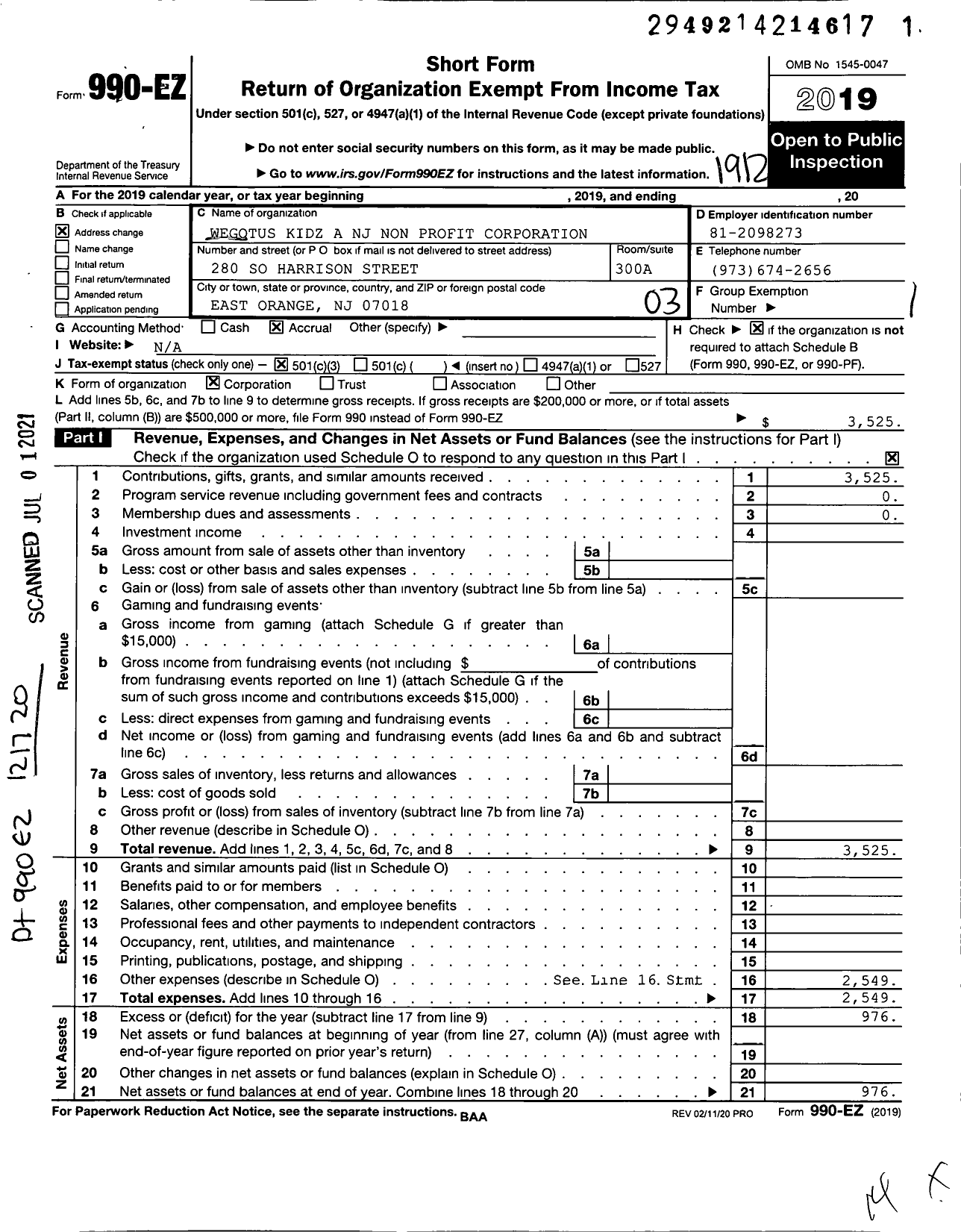 Image of first page of 2019 Form 990EZ for Wegotus Kidz A NJ Non Profit Corporation