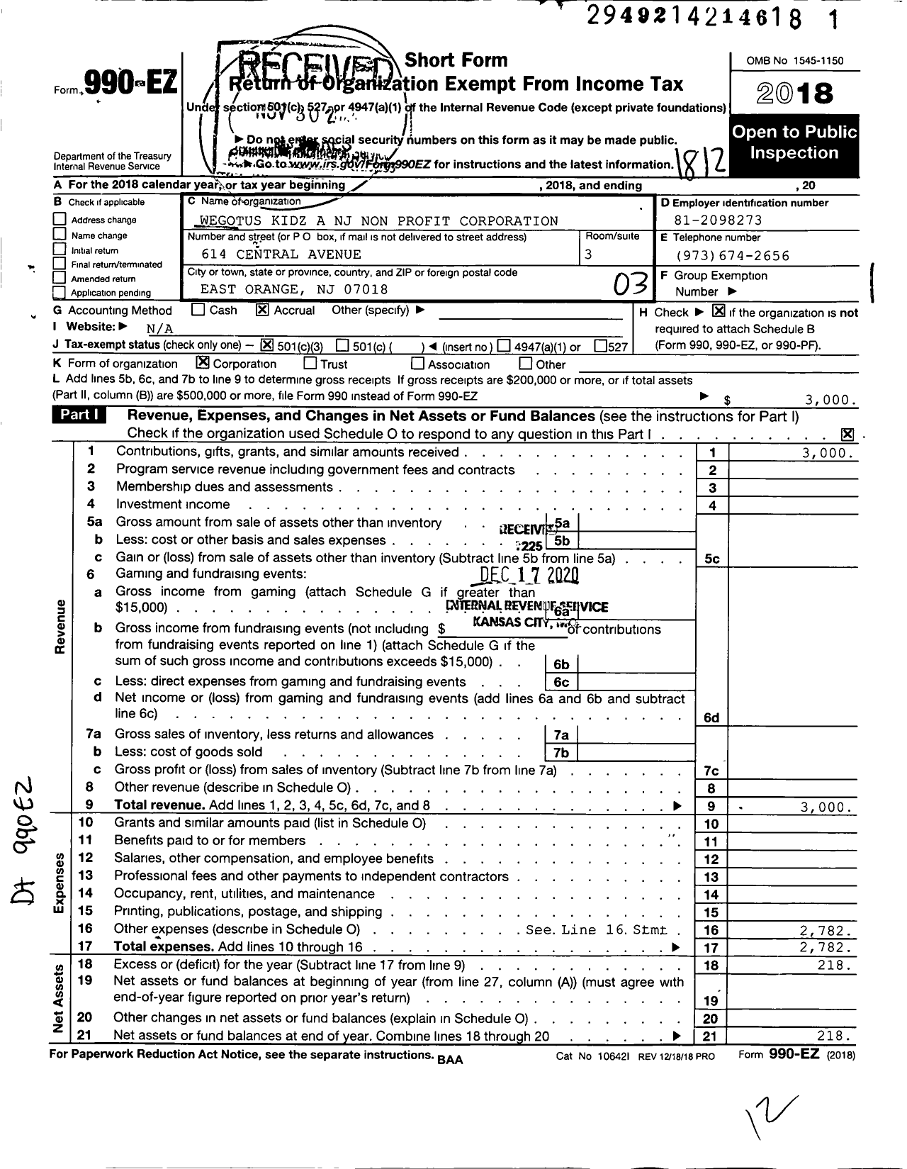 Image of first page of 2018 Form 990EZ for Wegotus Kidz A NJ Non Profit Corporation