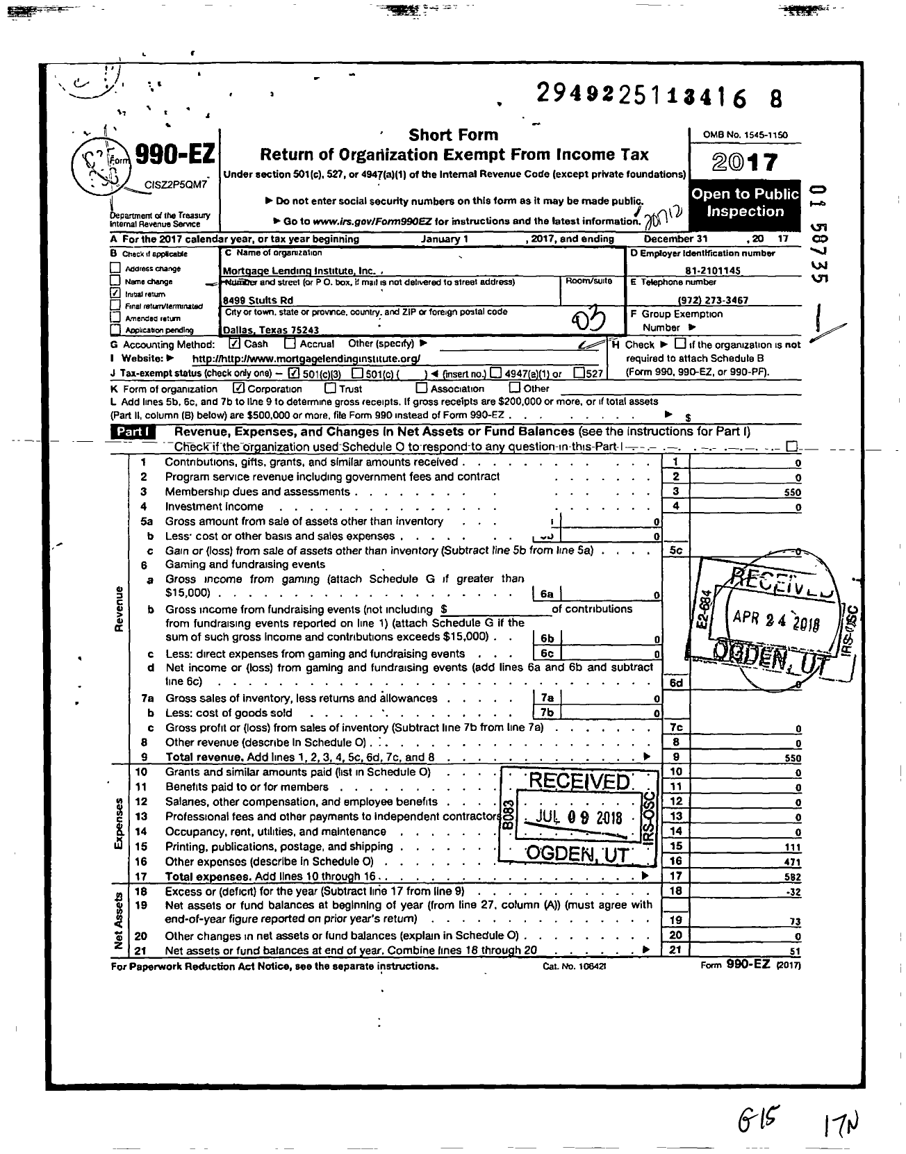 Image of first page of 2017 Form 990EZ for Mortgage Lending Institute Corporation