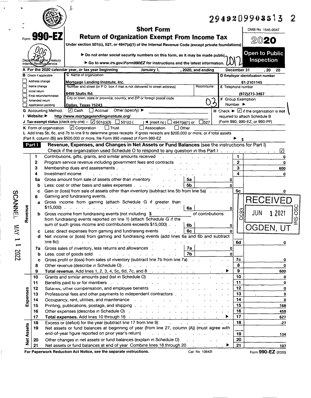 Image of first page of 2020 Form 990EZ for Mortgage Lending Institute Corporation