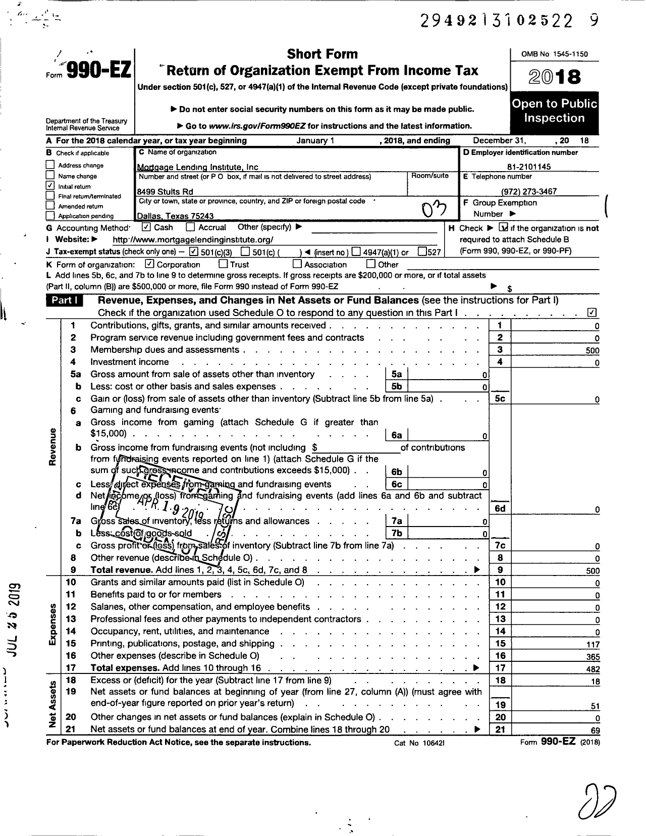 Image of first page of 2018 Form 990EZ for Mortgage Lending Institute Corporation