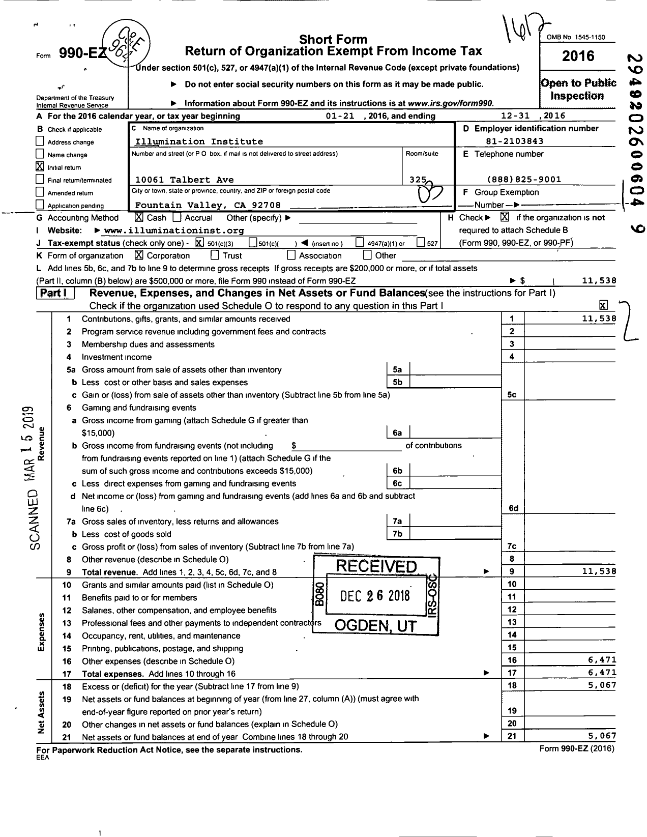 Image of first page of 2016 Form 990EZ for Illumination Institute