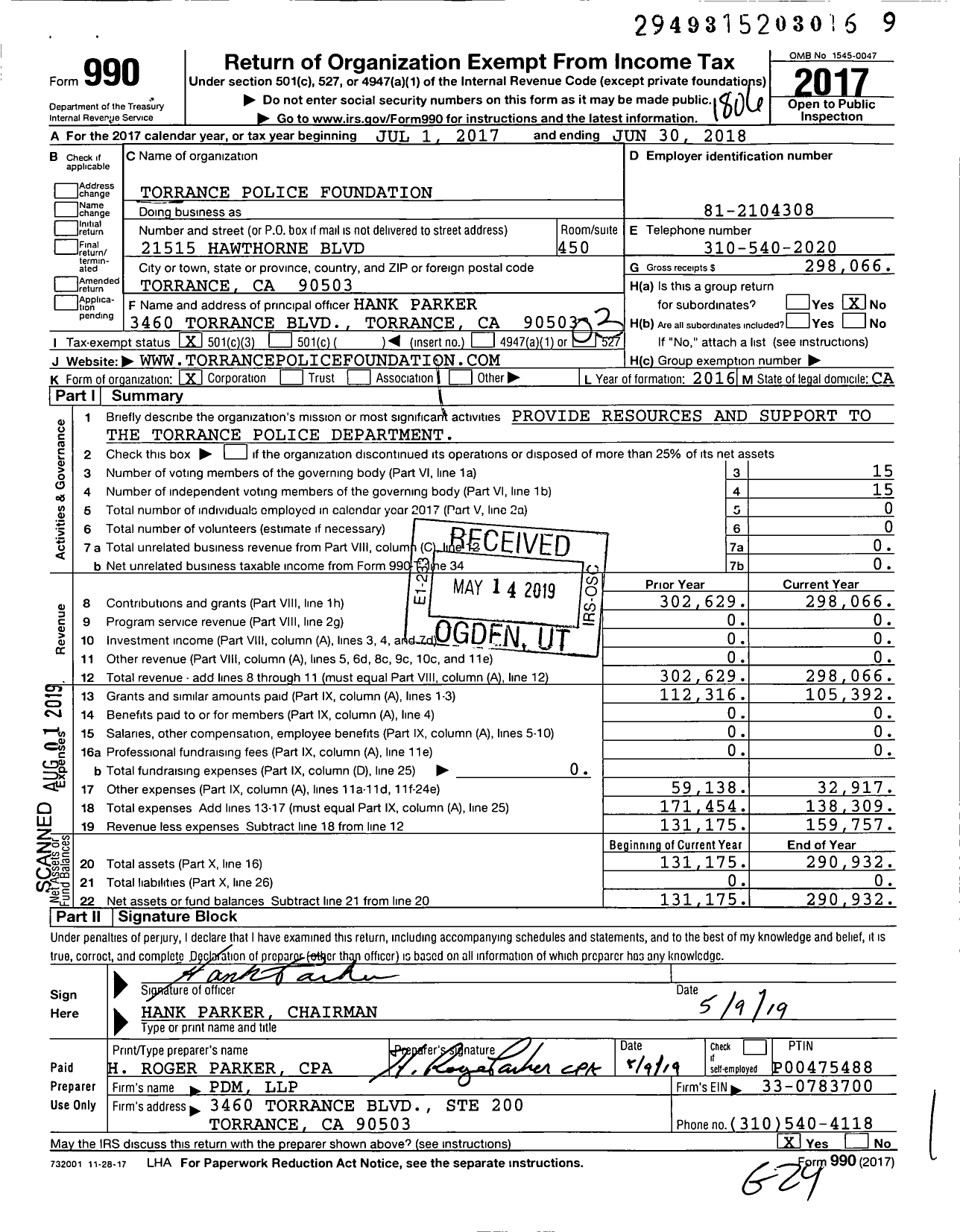 Image of first page of 2017 Form 990 for Torrance Police Foundation