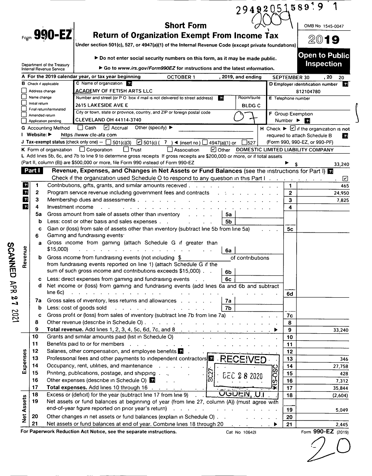 Image of first page of 2019 Form 990EO for Academy of Fetish Arts