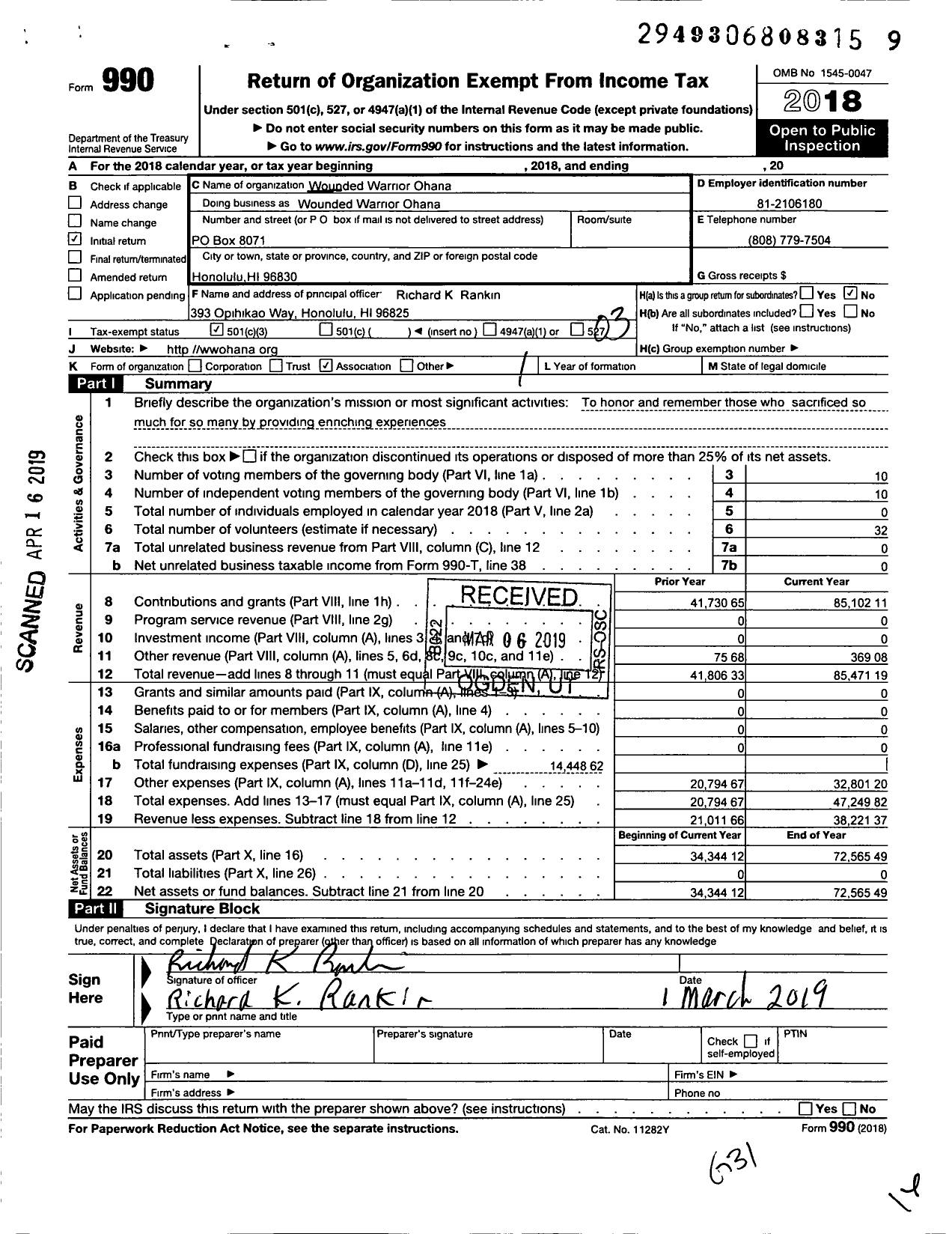 Image of first page of 2018 Form 990 for Wounded Warrior Ohana