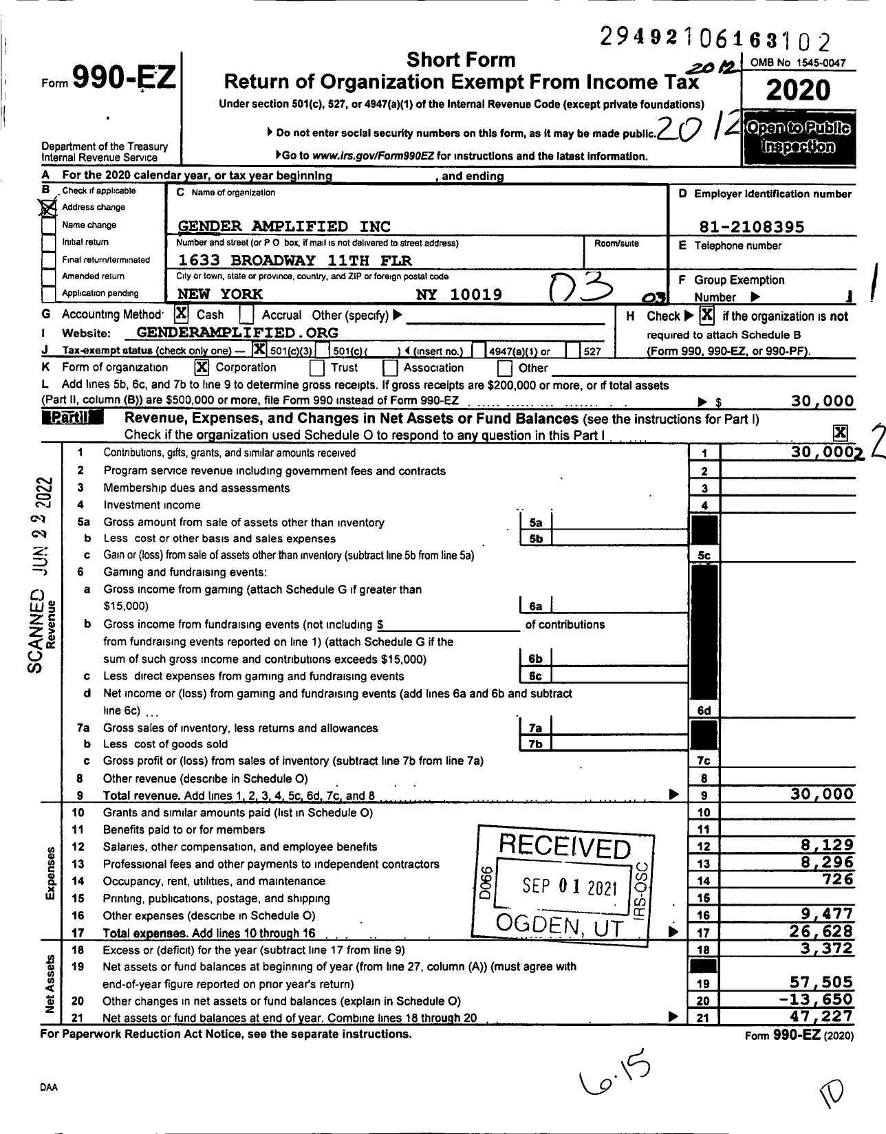 Image of first page of 2020 Form 990EZ for Gender Amplified