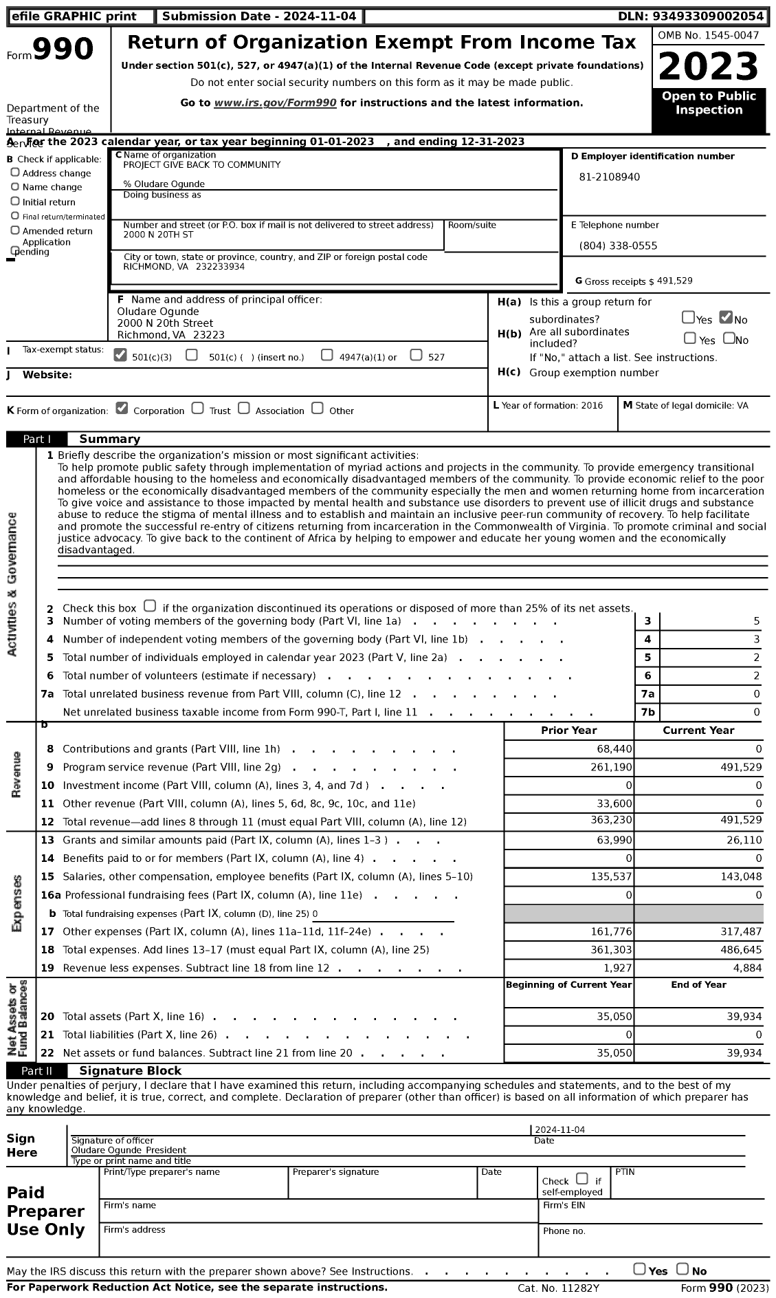 Image of first page of 2023 Form 990 for Project Give Back To Community