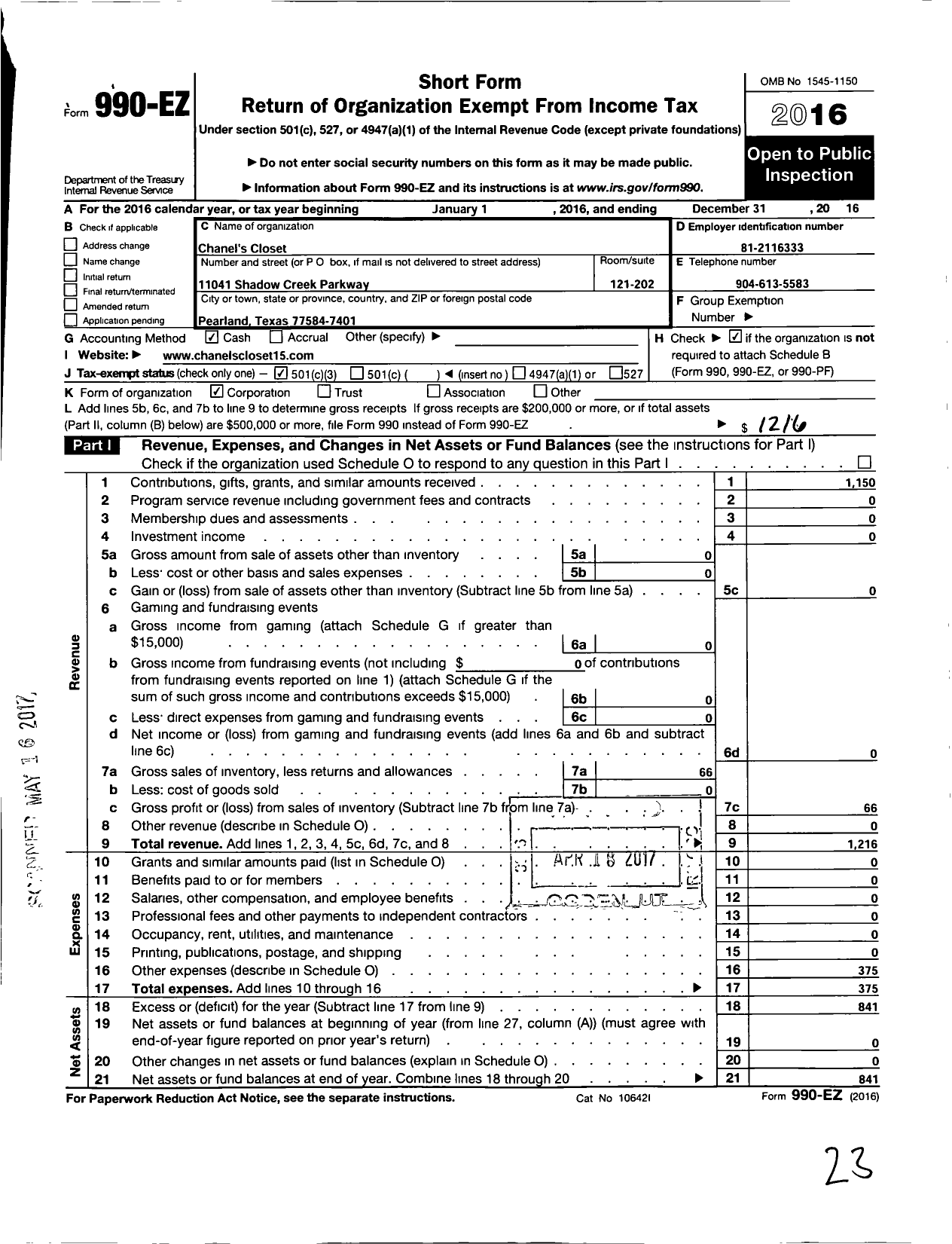 Image of first page of 2016 Form 990EZ for Chanels Closet