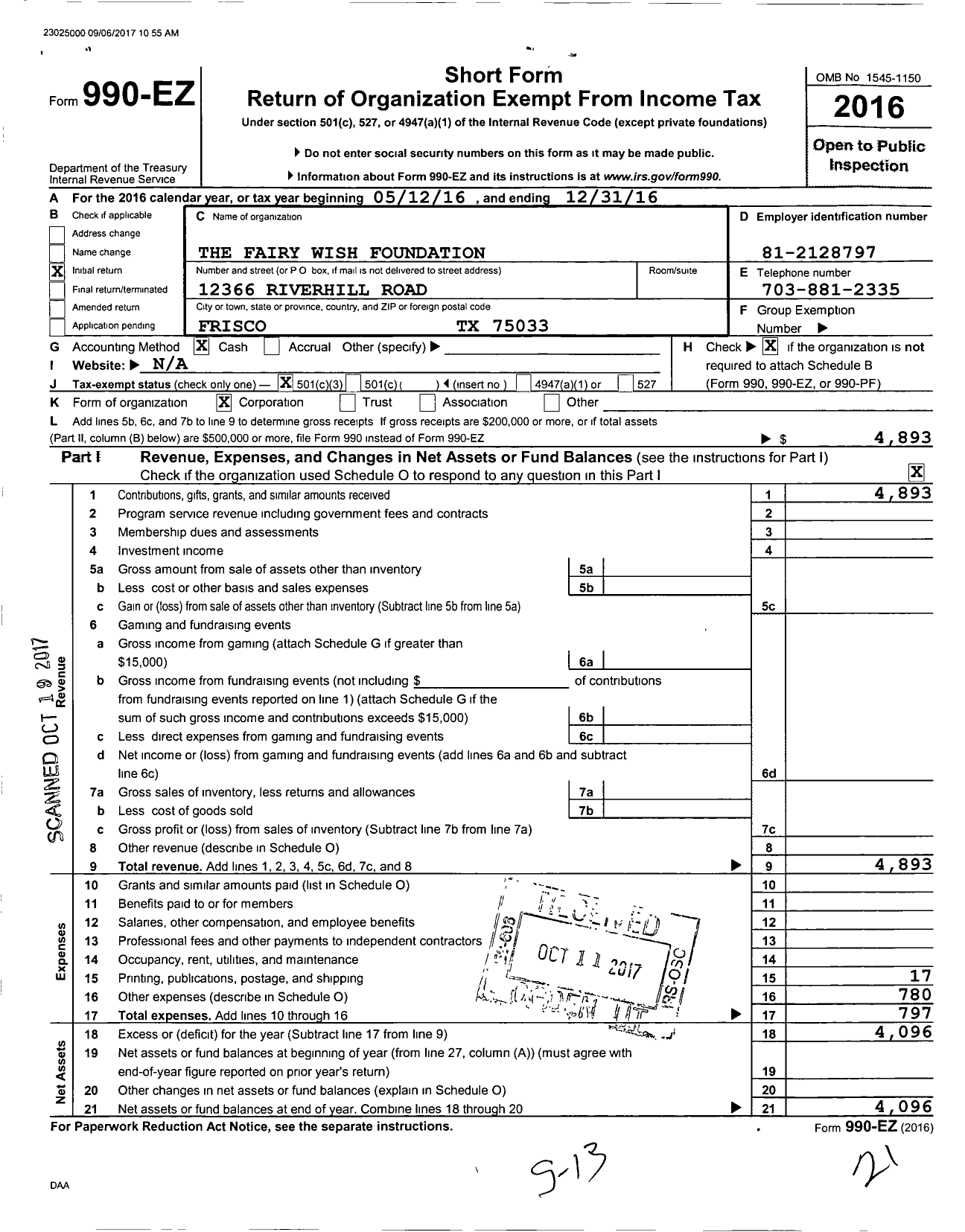 Image of first page of 2016 Form 990EZ for The Fairy Wish Foundation