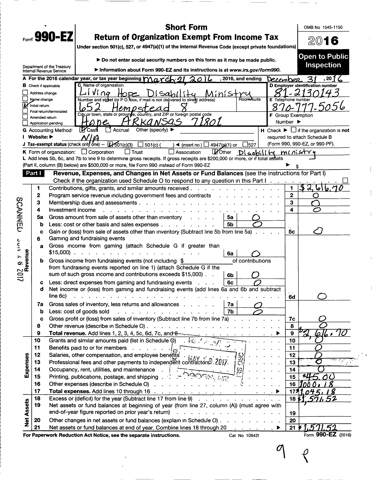 Image of first page of 2016 Form 990EZ for Living Hope Disability Ministry