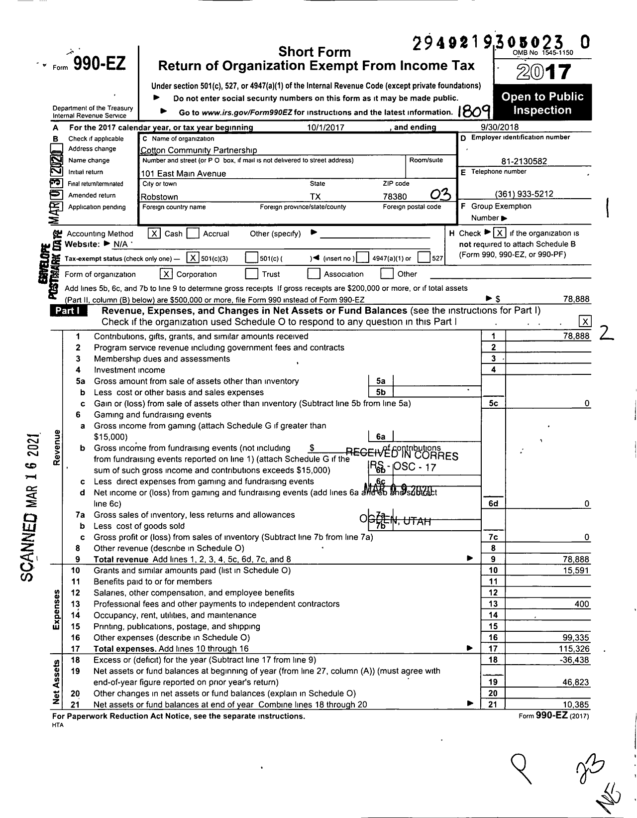 Image of first page of 2017 Form 990EZ for Cotton Community Partnership