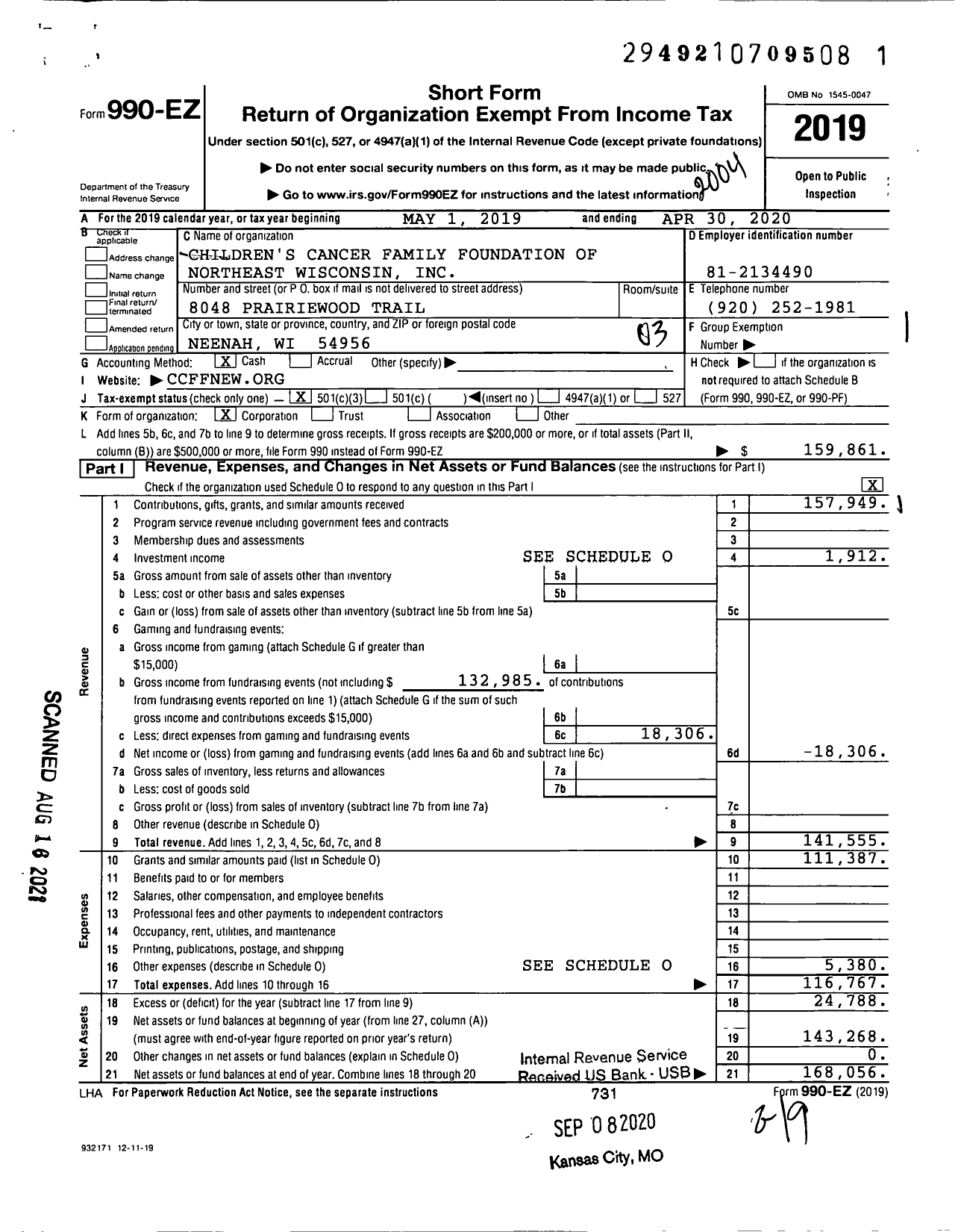 Image of first page of 2019 Form 990EZ for Childrens Cancer Family Foundation of Ne Wisconsin