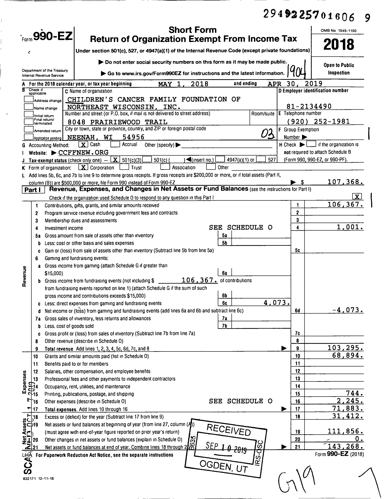 Image of first page of 2018 Form 990EZ for Childrens Cancer Family Foundation of Ne Wisconsin