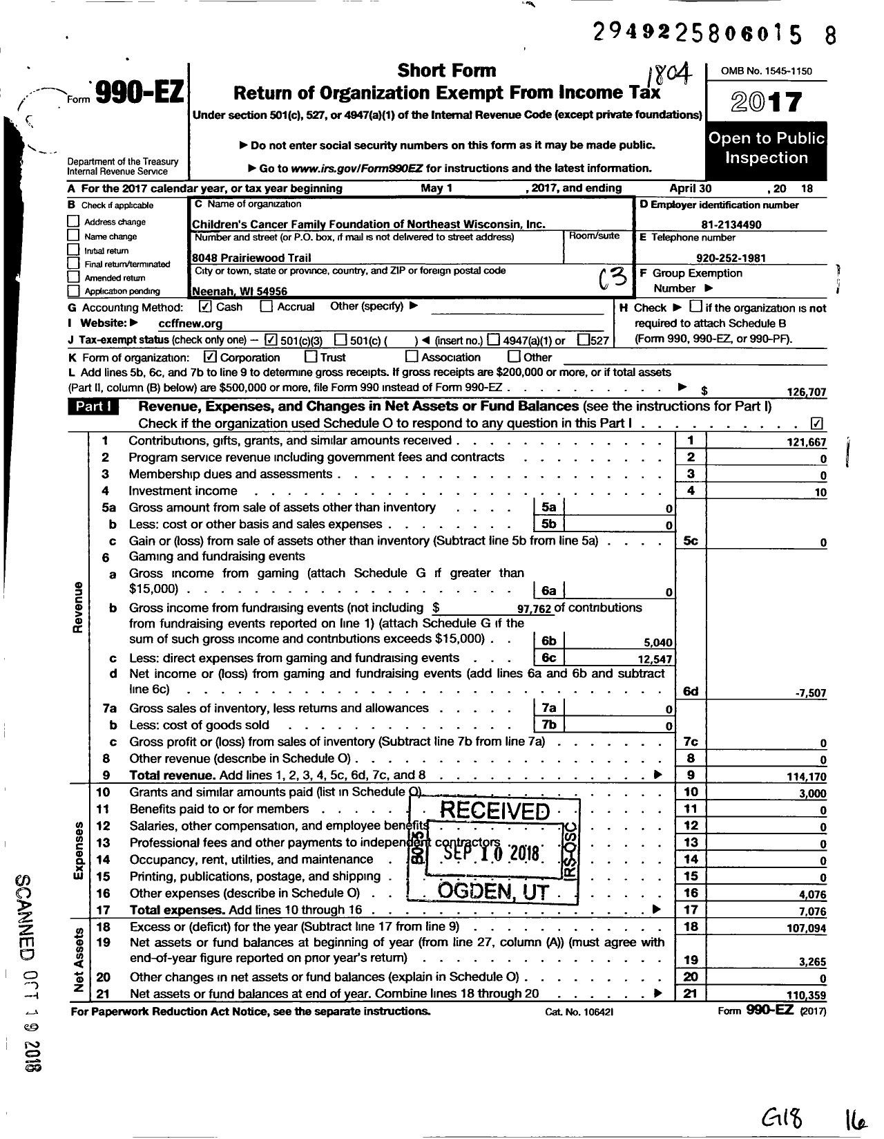 Image of first page of 2017 Form 990EZ for Childrens Cancer Family Foundation of Ne Wisconsin