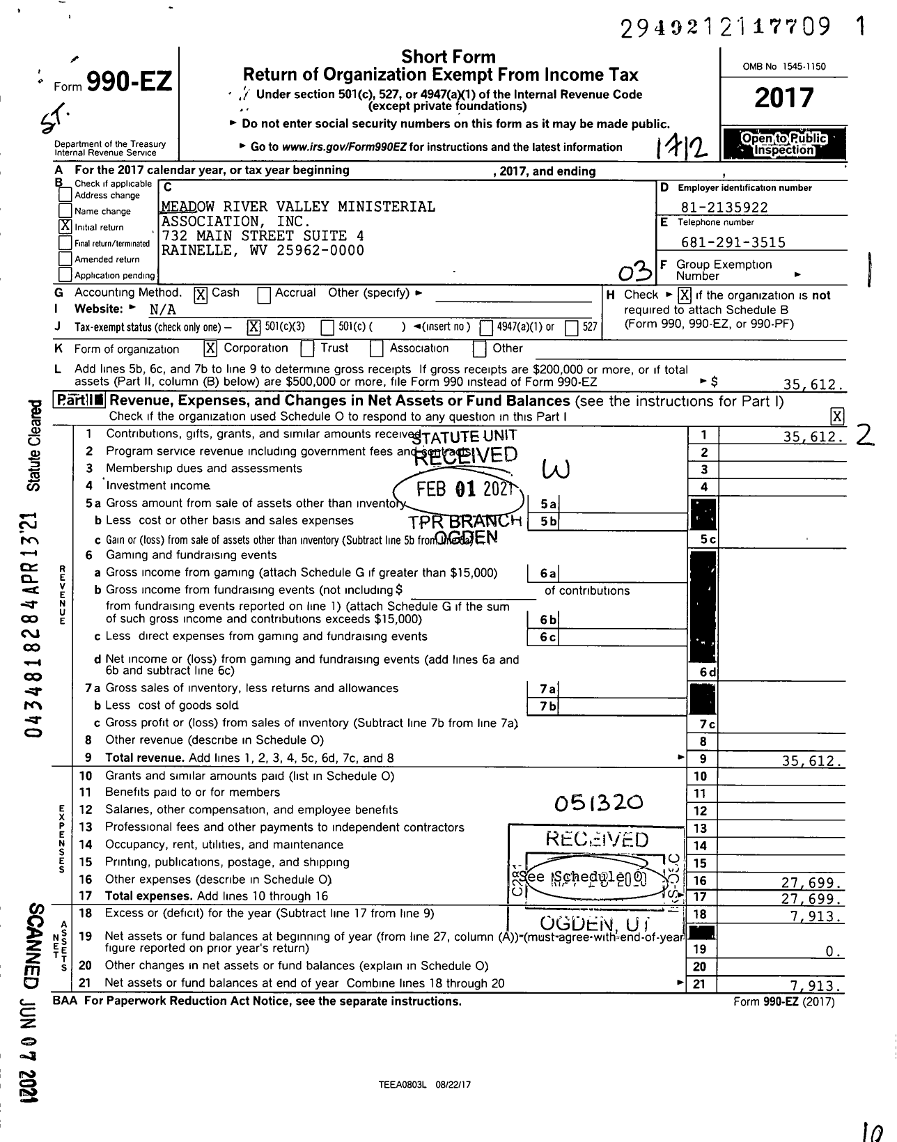 Image of first page of 2017 Form 990EZ for Meadow River Valley Ministerial Association