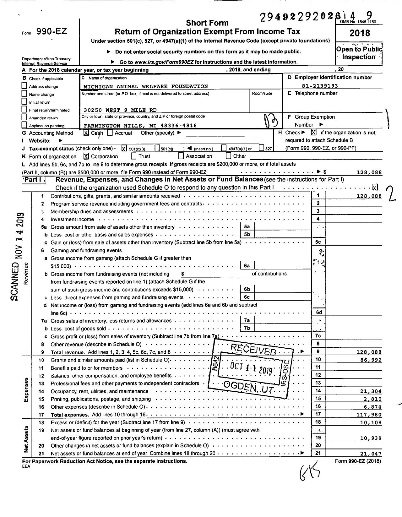 Image of first page of 2018 Form 990EZ for Michigan Animal Welfare Foundation