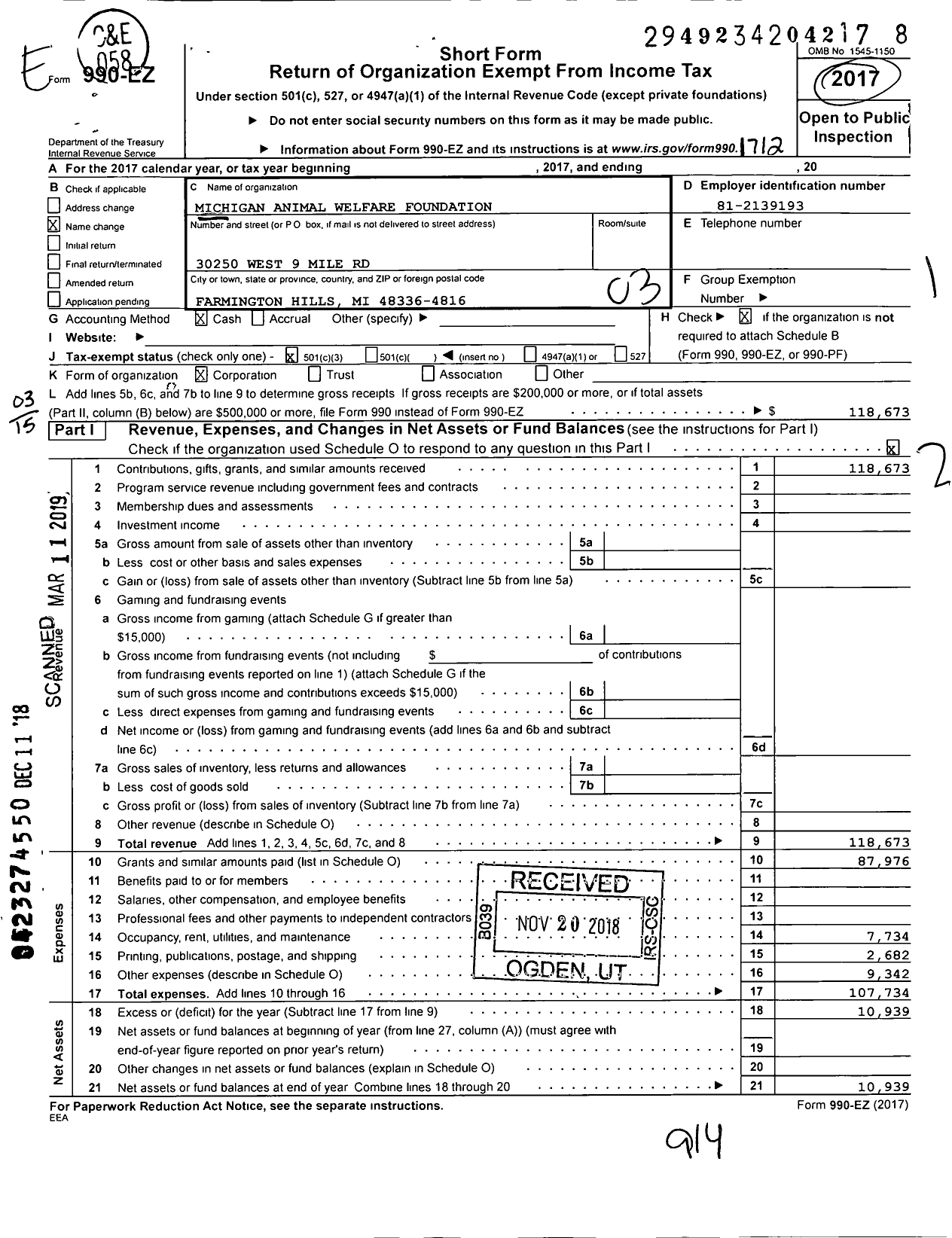 Image of first page of 2017 Form 990EZ for Michigan Animal Welfare Foundation